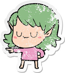distressed sticker of a happy cartoon elf girl
