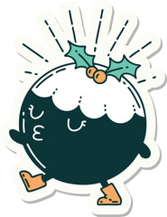 sticker of tattoo style christmas pudding character walking