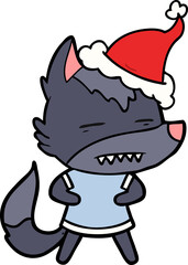 line drawing of a wolf showing teeth wearing santa hat