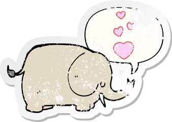 cute cartoon elephant and love hearts and speech bubble distressed sticker
