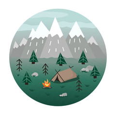 Camping, forest, mountains in cartoon flat style. Round icon illustration.