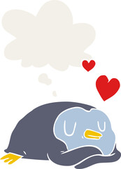 cartoon penguin in love and thought bubble in retro style