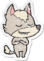 distressed sticker of a friendly cartoon wolf