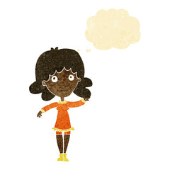 cartoon friendly woman waving with thought bubble