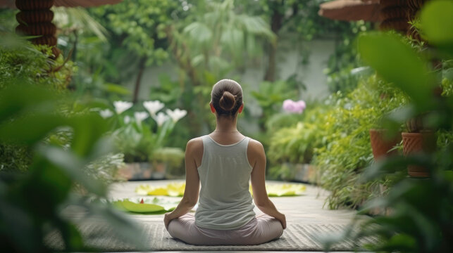 Young woman meditating in garden. Generative AI