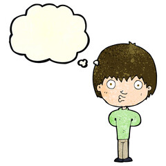 cartoon whistling boy with thought bubble