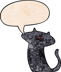 cartoon cat and speech bubble in retro texture style