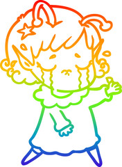 rainbow gradient line drawing cartoon crying alien girl