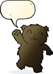 cartoon waving black bear with speech bubble