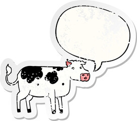 cartoon cow and speech bubble distressed sticker