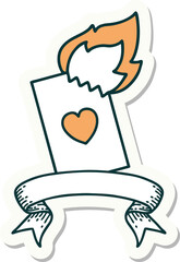 tattoo sticker with banner of a flaming card
