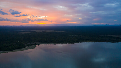 Sunset in Sri Lanka National Park. Panama Wewa lake, Arugam bay.