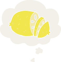 cartoon sliced lemon and thought bubble in retro style