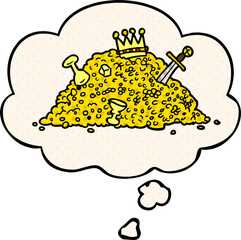 cartoon pile of treasure and thought bubble in comic book style