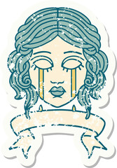 grunge sticker with banner of female face crying