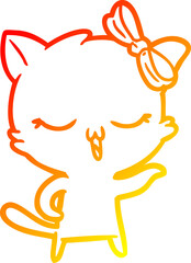 warm gradient line drawing cartoon cat with bow on head