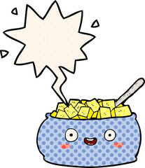 cute cartoon bowl of sugar and speech bubble in comic book style