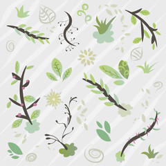 Collection of leaves, branches, natural elements, nature textures, handdrawn in pastel tints of green, yellow, brown and light blue colors