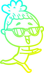 cold gradient line drawing cartoon happy woman wearing spectacles
