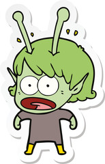 sticker of a cartoon shocked alien girl