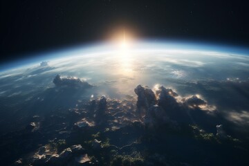 Ultra wide wallpaper of Earth in the outer space. Orbit of planet. Sun light and stars on background, Generative AI