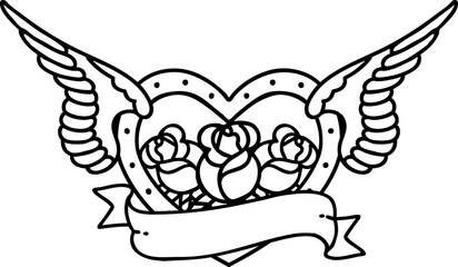 black line tattoo of a flying heart with flowers and banner
