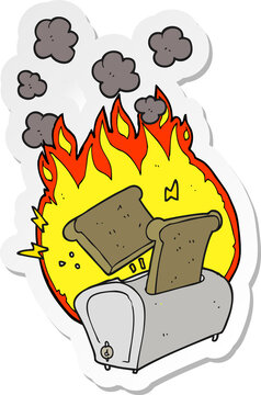 recommend clip art: sticker of a cartoon burning toaster