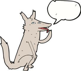 cartoon wolf licking paw with speech bubble