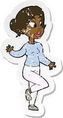 retro distressed sticker of a cartoon friendly woman waving