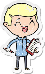 distressed sticker of a cartoon laughing man with clip board