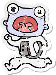 distressed sticker of a cartoon weird alien running away