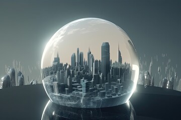 3D model of a city with futuristic architecture, high rise buildings, and a planet, all in one view. Generative AI