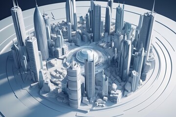 3D model of a city with futuristic architecture, high rise buildings, and a planet, all in one view. Generative AI