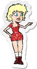 retro distressed sticker of a cartoon worried woman in dress pointing