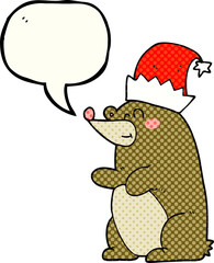 comic book speech bubble cartoon bear wearing christmas hat