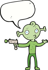 cartoon alien with ray gun with speech bubble