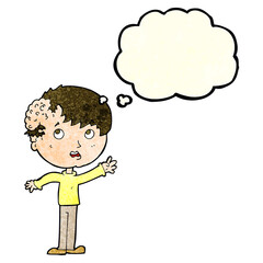 cartoon boy with growth on head with thought bubble