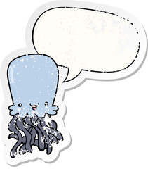 cartoon octopus and speech bubble distressed sticker