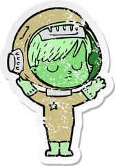distressed sticker of a cartoon astronaut woman