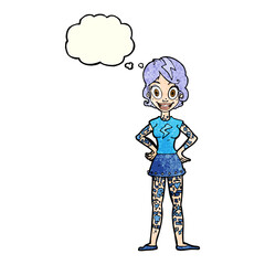 cartoon woman with heavy tattoos with thought bubble