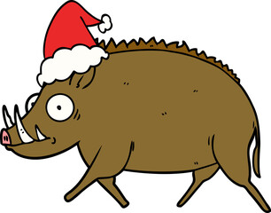line drawing of a wild boar wearing santa hat
