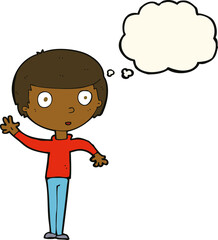 cartoon waving boy with thought bubble