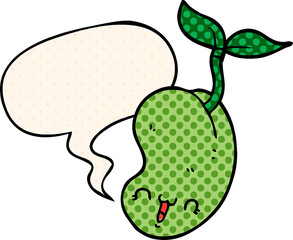 cute cartoon seed sprouting and speech bubble in comic book style