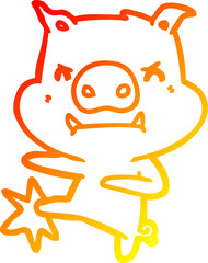 warm gradient line drawing angry cartoon pig karate kicking