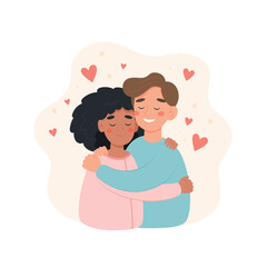 Happy international couple. Man and woman of different races hugging each other. Cute vector illustration in flat cartoon style