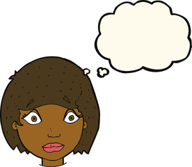 cartoon worried female face with thought bubble