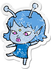 distressed sticker of a pretty cartoon alien girl