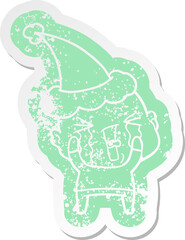 cartoon distressed sticker of a crying bald man wearing santa hat