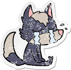 distressed sticker of a cartoon crying wolf