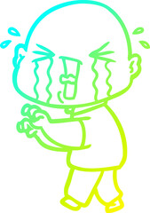 cold gradient line drawing cartoon crying bald man